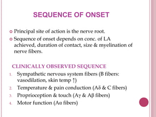 SEQUENCE OF ONSET
 Principal site of action is the nerve root.
 Sequence of onset depends on conc. of LA
achieved, duration of contact, size & myelination of
nerve fibers.
CLINICALLY OBSERVED SEQUENCE
1. Sympathetic nervous system fibers (B fibers:
vasodilation, skin temp ↑)
2. Temperature & pain conduction (A & C fibers)
3. Proprioception & touch (Aγ & Aβ fibers)
4. Motor function (A fibers)
 