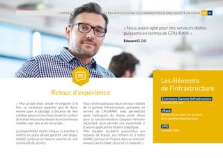 Retour d’expérience
« Nous avons opté pour des serveurs dédiés
puissants en termes de CPU/RAM. »
« Mon projet était simple et exigeant à la
fois  : je souhaitais apporter plus de dyna-
misme dans le pilotage à distance de mes
collaborateursenleurfournissantleconfort
de travail nécessaire depuis leurs terminaux
mobiles avec des accès sécurisés.
La disponibilité étant critique, la solution à
mettre en place devait garantir une dispo-
nibilité continue en heures ouvrées et une
continuité de service.
Nous avons opté pour deux serveurs dédiés
de la gamme Infrastructure, puissants en
termes de CPU/RAM, mais permettant
aussi l’utilisation du réseau privé vRack
pour la synchronisation. L’espace mémoire
important nous permet une évolutivité si
d’autres applications étaient à déployer.
Mes équipes accèdent aujourd'hui aux
espaces de travail, aux fichiers et à notre
GMAO partout en France dans un environ-
nement performant, sécurisé et redondé. »
L’INFRASTRUCTURE HÉBERGEANT LES APPLICATIONS COLLABORATIVES D’UNE SOCIÉTÉ DE GMAO 27#03
2 serveurs Gamme Infrastructure
Modèle EG–64
vRack
Service inclus avec les serveurs
de la gamme Infrastructure
VPS
Gamme SSD
Les éléments
de l'infrastructure
Edouard G. DSI
 