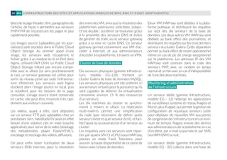 L’INFRASTRUCTURE DES SITES ET APPLICATIONS MOBILES DE BFM, RMC ET 01NET (NEXTRADIOTV)34 #04
blocsdelapage(header,titre,paragraphesde
l'article), de façon à permettre aux serveurs
PHP-FPM de reconstruire les pages le plus
rapidement possible.
Les images source (uploadées par les jour-
nalistes) sont stockées dans le Public Cloud
Object Storage. Au premier appel d’une
image, les serveurs web récupèrent le
fichier grâce à un module écrit en Perl dans
Nginx, utilisant l’API OVH. Le Public Cloud
Object Storage n’étant pas encore compa-
tible avec le vRack (ce sera prochainement
le cas), un serveur gateway est utilisé pour
sortir du réseau privé qui isole l’infrastruc-
ture d’Internet. Les serveurs web Nginx
stockent alors l’image source en local, puis
la retaillent pour les besoins de la page
consultée. L’image source étant conservée
en cache, elle peut être resservie très rapi-
dement aux visiteurs suivants.
Les vidéos, quant à elles, sont déposées
sur un serveur FTP, puis uploadées chez un
prestataire tiers. NextRadioTV avait en effet
besoin d’une solution clés en main (couche
applicative) pour servir de la vidéo (stockage
des métadonnées, player Flash/HTML5,
encodage et stockage des vidéos, diffusion).
On peut enfin noter l’utilisation de deux
serveurs DNS internes, pour la résolution
des noms des VM, ainsi que la résolution des
plateformes extérieures sollicitées. L’objec-
tif est double : accélérer la résolution grâce
à la proximité des serveurs DNS et éviter
de générer du trafic via le serveur gateway
grâce à la mise en cache DNS. Ce serveur
gateway permet notamment aux VM d’ac-
céder à Internet, et aux administrateurs
d’accéder à la plateforme, à travers un VPN.
Cluster de base de données
Dix serveurs physiques (gamme Infrastruc-
ture, modèle EG-128) forment un
cluster Galera de base de données MySQL.
Les serveurs physiques ont été préférés ici
aux serveurs virtuels pour la puissance qu’ils
sont capables de délivrer (la virtualisation
consomme environ 15 % des ressources
d’un serveur).
Les dix machines du cluster se synchro-
nisent à travers le vRack. La réplication
multi-maîtres permet une simplification
du code (pas nécessaire de définir quels
serveurs lisent et quel serveur écrit), et faci-
lite l’ajout ou la soustraction d’un serveur au
cluster.
Les requêtes vers ces serveurs sont répar-
ties par quatre VM (1 vCPU) sous HAProxy,
placées en mode Fault Tolerance, pour
assurer la haute disponibilité de ce point de
liaison avec la base de données.
Deux VM HAProxy sont dédiées à la plate-
forme publique, et distribuent les requêtes
sur sept des dix serveurs de la base de
données. Les deux autres VM HAProxy sont
dédiées au back office des journalistes, et
distribuent les requêtes sur les trois derniers
serveurs du cluster Galera. Cette séparation
permet au back office de rester opérationnel
même en cas de pic de charge exceptionnel
sur la plateforme. Les adresses IP des VM
HAProxy sont connues dans le code des
serveurs PHP, avec un random en temps
normal et un fail-over en cas d’indisponibilité
de l'une des deux machines.
Monitoring et administration
de l’infrastructure
Un serveur dédié (gamme Infrastructure,
modèle EG - 32) héberge les applications
de surveillance système et réseau Nagios et
Munin, plus Puppet, qui permet la gestion de
configuration de nouveaux serveurs (utile
pour déployer de nouvelles VM aux points
de congestion de l’infrastructure en un mini-
mum de temps). Nagios envoie des alertes
aux administrateurs de la plateforme en cas
d’incident, par e-mail la journée et par SMS
(via l’API OVH) la nuit.
Un serveur dédié (gamme Infrastructure,
modèle EG - 32) collecte dans une base de
 