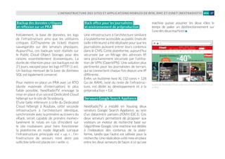 L’INFRASTRUCTURE DES SITES ET APPLICATIONS MOBILES DE BFM, RMC ET 01NET (NEXTRADIOTV) 37#04
Backup des données critiques
et réflexion sur un PRA
Initialement, la base de données, les logs
de l’infrastructure ainsi que les utilitaires
critiques (GIT/système de ticket) étaient
sauvegardés sur des serveurs physiques.
Aujourd’hui, ces backups sont réalisés sur
le Public Cloud Object Storage, pour des
raisons essentiellement économiques. La
durée de rétention pour ces backups est de
21 jours, excepté pour les logs HTTP (1 an).
Un backup mensuel de la base de données
SQL est également conservé.
Pour mettre en place un PRA avec un RTO
(durée maximale d'interruption) le plus
faible possible, NextRadioTV envisage la
mise en place d’un second Dedicated Cloud
hébergé sur le site de Strasbourg.
D’une taille inférieure à celle du Dedicated
Cloud hébergé à Roubaix, cette seconde
infrastructure à l’architecture identique,
synchronisée avec la première au travers du
vRack, serait capable de prendre momen-
tanément le relais en cas d’incident sur
le site roubaisien, pour faire fonctionner
la plateforme en mode dégradé. Lorsque
l’infrastructure principale est « up » , l’in-
frastructure de secours n'est alors pas
sollicitée (elle est placée en « veille »).
Back office pour les journalistes
et environnement de préproduction
Une infrastructure à l’architecture similaire
à la plateforme accessible au public (mais de
taille inférieure) a été déployée pour que les
journalistes puissent entrer leurs contenus
dans le CMS. Cette plateforme, aujourd’hui
sécurisée par un filtrage des adresses IP,
sera prochainement sécurisée par l’utilisa-
tion de VPN (OpenVPN). Une solution plus
pertinente pour les journalistes de terrain,
qui se connectent chaque fois depuis une IP
différente.
Enfin, un huitième host XL (32 cores + 128
Go de RAM), isolé du reste de l’infrastruc-
ture, est dédié au développement et à la
préproduction + Git.
Serveurs Google Search Appliance
NextRadioTV a installé en housing deux
serveurs Google Search Appliance, au sein
d’un datacentre parisien d’OVH (DC1). Ces
deux serveurs permettent de proposer aux
visiteurs un moteur de recherche basé sur
l’algorithme Google. Une machine est dédiée
à l’indexation des contenus de la plate-
forme, tandis que l’autre est utilisée pour la
recherche.Uneréplicationaétémiseenplace
entre les deux serveurs de façon à ce qu’une
machine puisse assumer les deux rôles le
temps de palier un dysfonctionnement sur
l’une des deux machines
Le groupe NextradioTV est connu sous les marques BFM, 01net
et RMC.
 