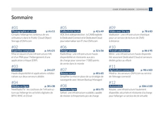 CASE STUDIES BOOK - SOMMAIRE 5
#01
Photographie et vidéo  p. 6 à 11
Giroptic héberge les contenus de ses
utilisateurs dans le Public Cloud Object
Storage d’OVH.com
#02
Expertise comptable  p. 14 à 21
Mise en œuvre d’une infrastructure HA
et d’un PRA pour l’hébergement d’une
application critique (ERP)
#03
Industrie  p. 24 à 27
Haute disponibilité et applications collabo-
ratives sur deux serveurs dédiés
#04
Médias en ligne  p. 30 à 38
NextRadioTV : les coulisses de l’infrastruc-
ture qui héberge les activités digitales de
BFM, RMC et 01net
#05
Collectivité locale  p. 42 à 49
VDI,SIetvidéoprotection:laCAABexploite
leDedicatedConnectetleDedicatedCloud
pourexternalisersonITchezOVH.com
#06
Design sonore  p. 52 à 56
RadioShop : une infrastructure haute
disponibilité et résistante aux pics
de charge pour sonoriser 7 000 points
de vente dans le monde
#07
Réseau social  p. 60 à 65
Simplifier la mise en place de sa stratégie de
sauvegarde avec Veeam Backup Managed
#08
Média en ligne  p. 68 à 75
Sofoot:uneinfrastructurescalable,capable
derésisteràd’importantspicsdecharge
#09
Vidéo over the top  p. 78 à 83
Vodkaster : une infrastructure élastique
pour un service de lecture de DVD
à distance
#10
Travail collaboratif  p. 86 à 95
Wimi : une infrastructure haute disponibi-
lité associant Dedicated Cloud et serveurs
dédiés grâce au vRack
#11
Agriculture connectée  p. 98 à 103
Medria : les serveurs OVH.com au service
de l’élevage connecté
#12
Automobile  p. 106 à 110
Keyzee : une infrastructure hautement
disponible, sécurisée et résistante à la charge
pour héberger un service de clé virtuelle
Sommaire
 