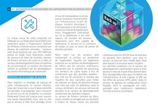 Le réseau social de cette université est
hébergé sur un Dedicated Cloud OVH.com,
administré grâce à l'hyperviseur vSphere
de VMware. L’infrastructure comprend une
dizaine de machines virtuelles : serveurs
web (load balancés par une VM HAProxy
placée en mode Fault Tolerance), cluster
de serveurs de base de données, serveur
de fichiers, serveurs de cache et, à côté, un
serveurdedéveloppement(avecunsystème
de versionning) et un serveur de préprod,
utilisés au quotidien par les développeurs
du service informatique de l’université.
Définition de la stratégie de backup
Pour élaborer la stratégie de backup de
cette infrastructure, le service informa-
tique de l’université a tout d’abord identifié
les données à sauvegarder pour restaurer
le service en cas de problème. La solution
Dedicated Cloud est conçue pour assurer
une haute disponibilité, mais cela ne met
pas le service à l’abri d’un piratage, d’une
erreur de manipulation, ou d’une
panne hardware momentanée
sur l’infrastructure (crash de
disque, incident électrique…).
C’est pourquoi il est nécessaire,
suivant la criticité de l’application
et/ou l’engagement contractuel
qui lie la plateforme à ses utili-
sateurs, de prendre les mesures
nécessaires pour être capable de
redémarrer le service en un minimum
de temps, et avec le moins de pertes de
données possible.
Dans notre cas, les serveurs web
contiennent la version en production
de l’application, laquelle est également
présente sur un serveur de développement,
de même que les versions antérieures,
conservées par le système de versioning.
Les serveurs de cache quant à eux ne
contiennent que des données volatiles :
leur rôle est de conserver le résultat des
requêtes les plus courantes pour éviter
de solliciter les bases de données lorsque
cela n’est pas utile. En définitive, seuls le
serveur de fichiers, les serveurs de base de
données et le serveur de développement
contiennent des données critiques.
Le serveur de fichiers contient les docu-
ments stockés et partagés par les étudiants
à travers le réseau social. Les données
contenues dans les VM de base de données
ne peuvent être perdues, sans quoi le
service ne pourrait être rétabli dans l’état
dans lequel il se trouvait avant l’incident.
Les données contenues sur le serveur de
développement représentent quant à elles
plusieurs mois de travail. Elles doivent donc
être sauvegardées elles aussi en dehors de
l’infrastructure. À cela s’ajoute la VM qui
fait office de serveur VPN, admin node, et
serveur de gestion de configuration (sous
Puppet), dont la sauvegarde est indis-
pensable pour redémarrer rapidement
l’infrastructure le cas échéant.
LA STRATÉGIE DE SAUVEGARDE DE L’INFRASTRUCTURE DU RÉSEAU SOCIAL D’UNE UNIVERSITÉ62 #07
 