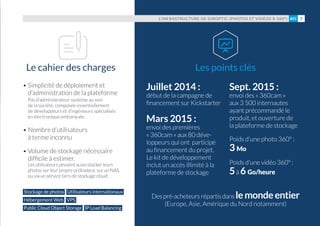 Juillet 2014 :
début de la campagne de
financement sur Kickstarter
Mars 2015 :
envoi des premières
« 360cam » aux 80 déve-
loppeurs qui ont  participé
au financement du projet.
Le kit de développement
inclut un accès illimité à la
plateforme de stockage
Sept. 2015 :
envoi des « 360cam »
aux 3 500 internautes
ayant précommandé le
produit, et ouverture de
la plateforme de stockage
Poids d’une photo 360° :
3 Mo
Poids d’une vidéo 360° :
5à 6 Go/heure
• Simplicité de déploiement et
d’administration de la plateforme
Pas d’administrateur système au sein
de la société, composée essentiellement
de développeurs et d’ingénieurs spécialisés
en électronique embarquée.
• Nombre d’utilisateurs
à terme inconnu
• Volume de stockage nécessaire
difficile à estimer.
Les utilisateurs peuvent aussi stocker leurs
photos sur leur propre ordinateur, sur un NAS
ou via un service tiers de stockage cloud.
Les points clésLe cahier des charges
Stockage de photos Utilisateurs internationaux
Hébergement Web VPS
Public Cloud Object Storage IP Load Balancing
L’INFRASTRUCTURE DE GIROPTIC (PHOTOS ET VIDÉOS À 360°) 7#01
Despré-acheteursrépartisdansle monde entier
(Europe, Asie, Amérique du Nord notamment)
 