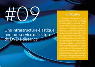 À la croisée des chemins entre la VOD et
les marketplaces de DVD sur Internet,
Vodkaster propose depuis mars 2014
un service unique au monde de collecte,
dématérialisation, lecture à distance et
revente en ligne de sa collection de films.
Avec plus de 120 000 DVD confiés par ses
utilisateurs — environ 40  % sont mis en
vente — Vodkaster possède à ce jour le plus
important catalogue revendiqué par une
offre légale de vidéo Over-The-Top (OTT).
Confronté aujourd’hui à la problématique
du stockage de grands volumes de données,
et demain à celle de la diffusion en masse
de vidéos, Vodkaster a construit chez
OVH.comuneinfrastructuremêlantserveurs
dédiés, Public Cloud (instances et stockage
à la demande) et CDN. Une infrastructure
robuste et élastique, capable d’encaisser les
pics de charge et d’évoluer facilement pour
répondre au succès croissant du service, qui
bénéficie du soutien du Centre national du
Cinéma, de la BPI, de l’Agence nationale de la
Rechercheetd’unpoold’investisseursprivés.
Une infrastructure élastique
pour un service de lecture
de DVD à distance
#09
 