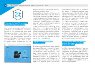 L’INFRASTRUCTURE DE GIROPTIC (PHOTOS ET VIDÉOS À 360°)8 #01
L’hébergement Web Performance
pour communiquer sur le projet
Pour lancer sa campagne de financement
participatif sur la plateforme Kickstarter,
Giroptic a tout d’abord opté pour deux
hébergements Web « Performance », l’un
pour son site vitrine (360.tv), l’autre pour
disposer d’un environnement de test et
préprod identique. (Fièrement) propulsé
par WordPress, ce site vitrine a tenu
la charge, malgré d’importants pics de
fréquentation lorsque les médias ont, régu-
lièrement, évoqué le projet.
La possibilité de « booster » l’hébergement,
en passant, pour une durée d’un mois, à
l’offre supérieure (quatre paliers, avec des
ressources garanties croissantes), a permis
de faire face aux pics les plus importants,
notamment durant la phase de lancement
du projet qui a bénéficié d’un important
relais sur les réseaux sociaux.
Grâce à l’accélérateur GéoCache inclus
dans l’offre — un système de CDN qui
exploite 17  des points de présence du
réseau OVH dans le monde pour conserver
en cache, localement, les contenus statiques
du site — les visiteurs internationaux (envi-
ron 80 % du trafic) ont bénéficié de temps
d’accès tout à fait optimaux.
Des VPS Cloud comme noyau
de l’infrastructure
À l’approche de l’expédition des premières
commandes, Giroptic a entrepris de bascu-
ler son application web sur deux VPS Cloud,
l’un en France, l’autre au Canada. D’une
part, il était nécessaire de bénéficier de
performances optimales en prévision des
premiers utilisateurs de la plateforme de
stockage de photos à 360°. D’autre part, il
était indispensable de disposer d’un accès
root sur la machine, pour y réaliser une
configuration spécifique liée au traitement
des images, et garantir la rapidité d'exé-
cution des scripts métiers. Enfin, il était
judicieux de rapprocher l’application des
utilisateurs situés outre-Atlantique, pour
leur offrir une expérience la plus fluide
possible sur la plateforme.
Le choix de Giroptic s’est porté sur les VPS,
ceci pour ne pas avoir à se préoccuper
de la gestion hardware des machines. La
gamme VPS Cloud assure un SLA très élevé
(99,99  %, avec un redémarrage en moins
de 5 minutes en cas de panne hardware),
parfaitement compatible avec le besoin
de haute disponibilité de la plateforme.
De plus, la gamme Cloud ouvre l’accès à des
options de backup avancées (« snapshot »
ou « backup quotidien automatisé »).
Le Public Cloud Object Storage pour
disposer d’un espace de stockage
facilement scalable
Avec leur caméra, les utilisateurs pourront
bénéficier d’un espace de stockage pour
sauvegarder et partager leurs photos à
360°. Pour les vidéos à 360°, dont le poids
est considérable, Giroptic renvoie les utili-
sateurs sur des plateformes telles que
YouTube, qui a annoncé au cours du premier
semestre 2015 la compatibilité avec ce
nouveau type de format.
 