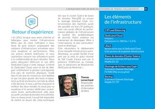 L’INFRASTRUCTURE DE WIMI (PLATEFORME DE TRAVAIL COLLABORATIF) 95#10
Les éléments
de l'infrastructure
2 IP Load Balancing
Dedicated Cloud
4 hosts L
Datastores 2 x 300 Go + 1,3 To
vRack
Service inclus avec le Dedicated Cloud
et les serveurs de la gamme Infrastructure
Bases de données (Cluster Galera)
3 serveurs Gamme Infrastructure
Modèle EG-32
Stockage de fichiers sous Ceph
3 serveurs Gamme Stockage
FS-MAX (Pay as you grow)
Backup
2 serveurs Gamme Stockage
Modèle FS-72T
« En 2012, lorsque nous avons cherché un
hébergeur pour monter l’infrastructure
Wimi, peu de choix s’offraient à nous.
Seuls de gros acteurs proposaient des
solutions d’infrastructure virtualisée asso-
ciant souplesse et performances. Mais
ces acteurs étaient américains, et nous
souhaitions rassurer nos utilisateurs quant
à la confidentialité de leurs données. Nous
avons découvert OVH.com et son offre
Dedicated Cloud à cette époque. L’intérêt
du Dedicated Cloud, outre le fait de délé-
guer entièrement la gestion contraignante
d’un parc de machines physiques, réside
dans le fait que les ressources sont dédiées
et que l’on peut ajouter des hosts et datas-
tores au fil de ses besoins. L’arrivée du vRack
a été décisive. Il nous a permis d’associer le
meilleur des deux mondes, le cloud pour sa
souplesse et le serveur dédié pour sa puis-
sance brute, particulièrement utile pour
accueillirunebasededonnéestrèssollicitée.
Sans ce réseau privé, il aurait été impossible
de mettre en œuvre des choix techniques
Retour d'expérience
Thomas
Lemarchand
Responsable
dessystèmes
d'information
deWimi.
tels que le cluster Galera de bases
de données MariaDB ou encore
le stockage distribué Ceph. L’in-
terconnexion des machines aurait
été possible via leurs IP publiques,
mais cela aurait affecté les perfor-
mances globales de l’infrastructure
et soulevé des problématiques
de sécurité. Notre ambition est
maintenant de développer Wimi à
l’international, et plus particulière-
ment en Amérique.
Cela nécessitera le déploiement
d'une nouvelle infrastructure outre-
Atlantique, un projet facilité d'une
part par la mise en place récente
de Salt Could, d'autre part par la
présence d'OVH.com au Canada,
avec le datacentre de Beauharnois
(BHS) près de Montréal. »
 