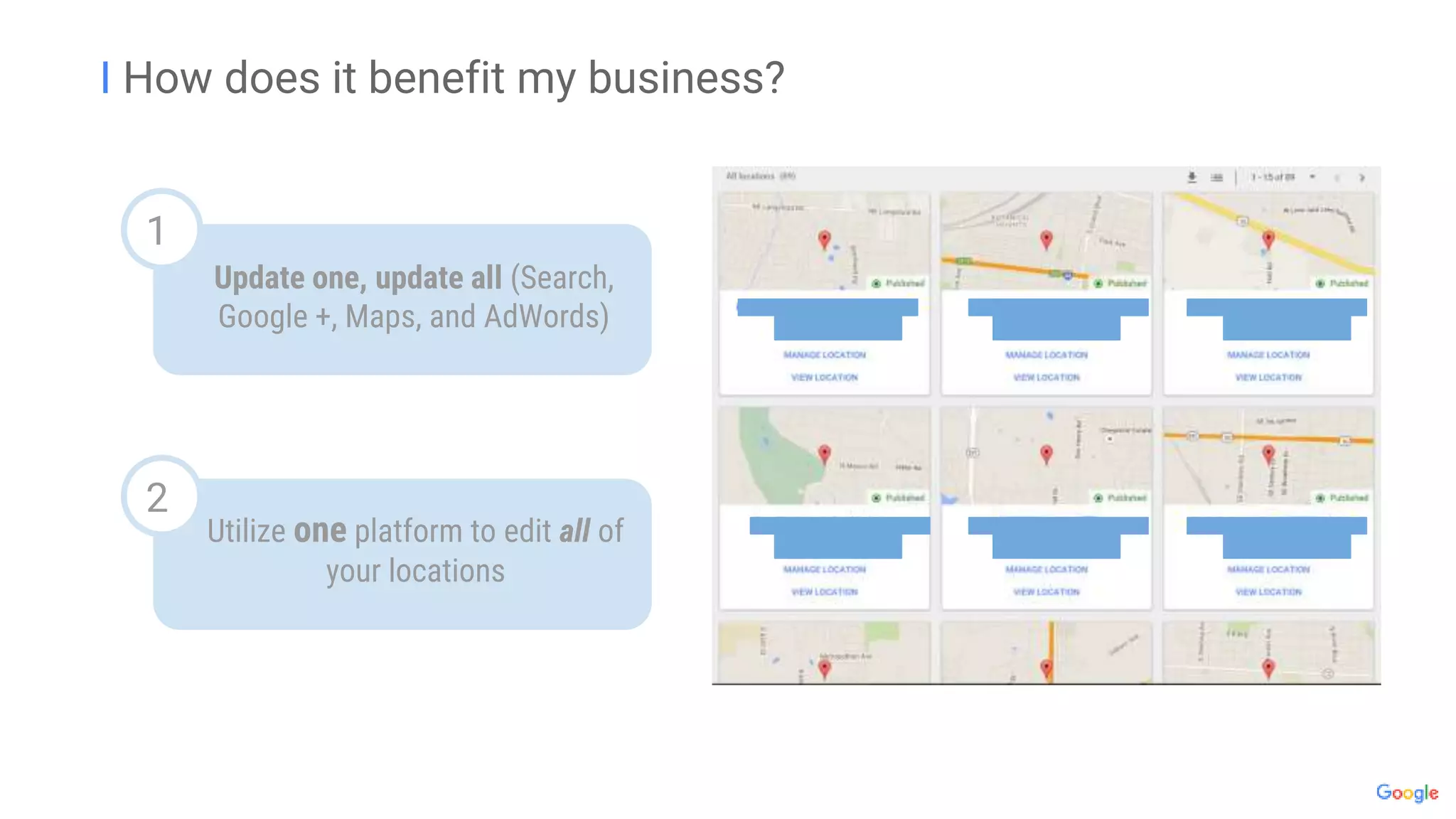 I How does it benefit my business?
Update one, update all (Search,
Google +, Maps, and AdWords)
1
Utilize one platform to edit all of
your locations
2
 