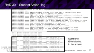 17© 2015 ELLUCIAN. CONFIDENTIAL & PROPRIETARY | Session ID: 12299
RAD 30 – Student Action log
Number of
Errors found
in this extract
 