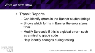 22© 2015 ELLUCIAN. CONFIDENTIAL & PROPRIETARY | Session ID: 12299
What we now know
• Transit Reports
– Can identify errors in the Banner student bridge
– Shows which forms in Banner the error stems
from
– Modify Surecode if this is a global error - such
as a missing grade code
– Help identify changes during testing
 