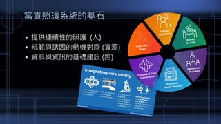 當責照護系統的基石
 提供連續性的照護 (人)
 規範與誘因的動機對齊 (資源)
 資料與資訊的基礎建設 (路)
 