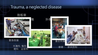 拖板車
嚴重外傷 外傷小組
緊急救援
外傷科 整形
骨科 泌尿科
重症照護
復健 感染控制
Trauma, a neglected disease
 