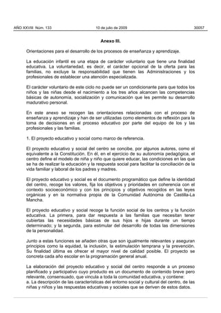 Anexo III.
Orientaciones para el desarrollo de los procesos de enseñanza y aprendizaje.
La educación infantil es una etapa de carácter voluntario que tiene una finalidad
educativa. La voluntariedad, es decir, el carácter opcional de la oferta para las
familias, no excluye la responsabilidad que tienen las Administraciones y los
profesionales de establecer una atención especializada.
El carácter voluntario de este ciclo no puede ser un condicionante para que todos los
niños y las niñas desde el nacimiento a los tres años alcancen las competencias
básicas de autonomía, socialización y comunicación que les permite su desarrollo
madurativo personal.
En este anexo se recogen las orientaciones relacionadas con el proceso de
enseñanza y aprendizaje y han de ser utilizadas como elementos de reflexión para la
toma de decisiones en el proceso educativo por parte del equipo de los y las
profesionales y las familias.
1. El proyecto educativo y social como marco de referencia.
El proyecto educativo y social del centro se concibe, por algunos autores, como el
equivalente a la Constitución. En él, en el ejercicio de su autonomía pedagógica, el
centro define el modelo de niña y niño que quiere educar, las condiciones en las que
se ha de realizar la educación y la respuesta social para facilitar la conciliación de la
vida familiar y laboral de los padres y madres.
El proyecto educativo y social es el documento programático que define la identidad
del centro, recoge los valores, fija los objetivos y prioridades en coherencia con el
contexto socioeconómico y con los principios y objetivos recogidos en las leyes
orgánicas y en la normativa propia de la Comunidad Autónoma de Castilla-La
Mancha.
El proyecto educativo y social recoge la función social de los centros y la función
educativa. La primera, para dar respuesta a las familias que necesitan tener
cubiertas las necesidades básicas de sus hijos e hijas durante un tiempo
determinado; y la segunda, para estimular del desarrollo de todas las dimensiones
de la personalidad.
Junto a estas funciones se añaden otras que son igualmente relevantes y aseguran
principios como la equidad, la inclusión, la estimulación temprana y la prevención.
Su finalidad última es ofrecer el mayor nivel de calidad posible. El proyecto se
concreta cada año escolar en la programación general anual.
La elaboración del proyecto educativo y social del centro responde a un proceso
planificado y participativo cuyo producto es un documento de contenido breve pero
relevante, consensuado, que vincula a toda la comunidad educativa, y contiene:
a. La descripción de las características del entorno social y cultural del centro, de las
niñas y niños y las respuestas educativas y sociales que se deriven de estos datos.
AÑO XXVIII Núm. 133 10 de julio de 2009 30057
 