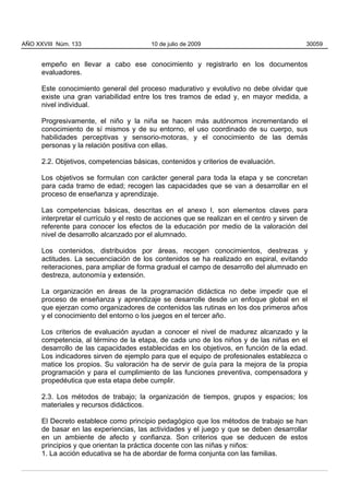 empeño en llevar a cabo ese conocimiento y registrarlo en los documentos
evaluadores.
Este conocimiento general del proceso madurativo y evolutivo no debe olvidar que
existe una gran variabilidad entre los tres tramos de edad y, en mayor medida, a
nivel individual.
Progresivamente, el niño y la niña se hacen más autónomos incrementando el
conocimiento de sí mismos y de su entorno, el uso coordinado de su cuerpo, sus
habilidades perceptivas y sensorio-motoras, y el conocimiento de las demás
personas y la relación positiva con ellas.
2.2. Objetivos, competencias básicas, contenidos y criterios de evaluación.
Los objetivos se formulan con carácter general para toda la etapa y se concretan
para cada tramo de edad; recogen las capacidades que se van a desarrollar en el
proceso de enseñanza y aprendizaje.
Las competencias básicas, descritas en el anexo I, son elementos claves para
interpretar el currículo y el resto de acciones que se realizan en el centro y sirven de
referente para conocer los efectos de la educación por medio de la valoración del
nivel de desarrollo alcanzado por el alumnado.
Los contenidos, distribuidos por áreas, recogen conocimientos, destrezas y
actitudes. La secuenciación de los contenidos se ha realizado en espiral, evitando
reiteraciones, para ampliar de forma gradual el campo de desarrollo del alumnado en
destreza, autonomía y extensión.
La organización en áreas de la programación didáctica no debe impedir que el
proceso de enseñanza y aprendizaje se desarrolle desde un enfoque global en el
que ejerzan como organizadores de contenidos las rutinas en los dos primeros años
y el conocimiento del entorno o los juegos en el tercer año.
Los criterios de evaluación ayudan a conocer el nivel de madurez alcanzado y la
competencia, al término de la etapa, de cada uno de los niños y de las niñas en el
desarrollo de las capacidades establecidas en los objetivos, en función de la edad.
Los indicadores sirven de ejemplo para que el equipo de profesionales establezca o
matice los propios. Su valoración ha de servir de guía para la mejora de la propia
programación y para el cumplimiento de las funciones preventiva, compensadora y
propedéutica que esta etapa debe cumplir.
2.3. Los métodos de trabajo; la organización de tiempos, grupos y espacios; los
materiales y recursos didácticos.
El Decreto establece como principio pedagógico que los métodos de trabajo se han
de basar en las experiencias, las actividades y el juego y que se deben desarrollar
en un ambiente de afecto y confianza. Son criterios que se deducen de estos
principios y que orientan la práctica docente con las niñas y niños:
1. La acción educativa se ha de abordar de forma conjunta con las familias.
AÑO XXVIII Núm. 133 10 de julio de 2009 30059
 