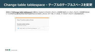 15
Change table tablespace - テーブルのテーブルスペースを変更
変換タイプが[Change table tablespace] の場合は、Oracle ターゲットのテーブルスペースを変更できます。テーブルテーブルスペースを変更するために
ソースに存在する必要がある特定の条件を設定することもできます。これには、スキーマ名、テーブル名、テーブルのテーブルスペース名が含まれます。
 