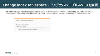 16
Change index tablespace - インデックステーブルスペースを変更
変換の種類が[Change index tablespace]の場合は、Oracle ターゲットのインデックステーブルスペースを変更できます。また、変更するテーブルスペー
スのソースに存在する必要がある特定の条件を設定することもできます。これには、スキーマ名、テーブル名、インデックステーブルスペース名が含まれます。
 