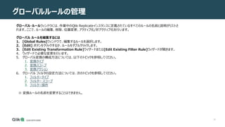 32
グローバルルールの管理
グローバル・ルールウィンドウには、作業中のQlik Replicateインスタンスに定義されているすべてのルールの名前と説明がリストさ
れます。ここで、ルールの編集、削除、位置変更、アクティブ化/非アクティブ化を行います。
グローバル ルールを編集するには
1. [Global Rules]ウィンドウで、編集するルールを選択します。
2. [Edit] ボタンをクリックするか、ルールをダブルクリックします。
3. [Edit Existing Transformation Rule]ウィザードまたは[Edit Existing Filter Rule]ウィザードが開きます。
4. ウィザードで必要な変更を行います。
5. グローバル変換の構成方法については、以下のトピックを参照してください。
1. 変換タイプ
2. 変換スコープ
3. 変換アクション
6. グローバル フィルタの設定方法については、次のトピックを参照してください。
1. フィルタータイプ
2. フィルター スコープ
3. フィルター操作
※ 変換ルールの名前を変更することはできません。
 