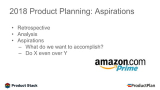 • Retrospective
• Analysis
• Aspirations
– What do we want to accomplish?
– Do X even over Y
2018 Product Planning: Aspirations
 