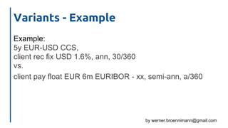 by werner.broennimann@gmail.com
Variants - Example
Example:
5y EUR-USD CCS,
client rec fix USD 1.6%, ann, 30/360
vs.
client pay float EUR 6m EURIBOR - xx, semi-ann, a/360
 