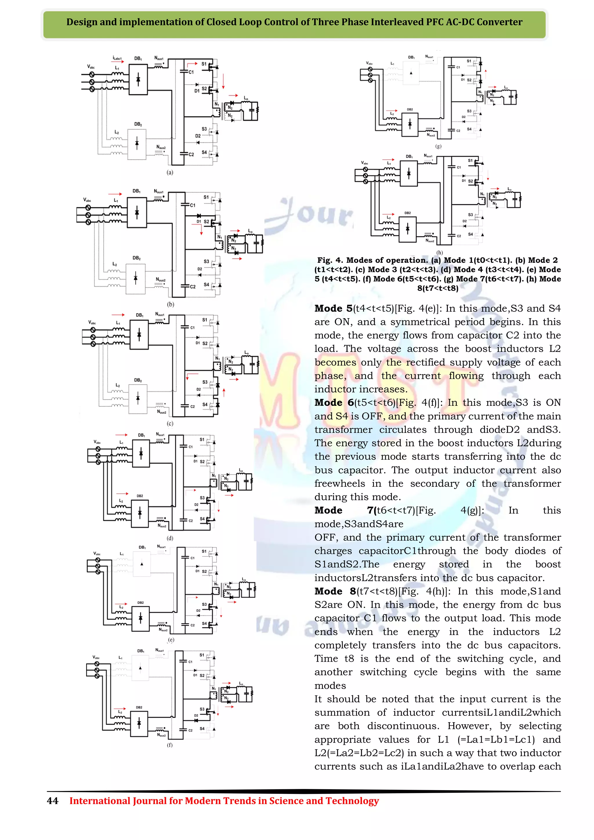 44 International Journal for Modern Trends in Science and Technology
Design and implementation of Closed Loop Control of Three Phase Interleaved PFC AC-DC Converter
Fig. 4. Modes of operation. (a) Mode 1(t0<t<t1). (b) Mode 2
(t1<t<t2). (c) Mode 3 (t2<t<t3). (d) Mode 4 (t3<t<t4). (e) Mode
5 (t4<t<t5). (f) Mode 6(t5<t<t6). (g) Mode 7(t6<t<t7). (h) Mode
8(t7<t<t8)
Mode 5(t4<t<t5)[Fig. 4(e)]: In this mode,S3 and S4
are ON, and a symmetrical period begins. In this
mode, the energy flows from capacitor C2 into the
load. The voltage across the boost inductors L2
becomes only the rectified supply voltage of each
phase, and the current flowing through each
inductor increases.
Mode 6(t5<t<t6)[Fig. 4(f)]: In this mode,S3 is ON
and S4 is OFF, and the primary current of the main
transformer circulates through diodeD2 andS3.
The energy stored in the boost inductors L2during
the previous mode starts transferring into the dc
bus capacitor. The output inductor current also
freewheels in the secondary of the transformer
during this mode.
Mode 7(t6<t<t7)[Fig. 4(g)]: In this
mode,S3andS4are
OFF, and the primary current of the transformer
charges capacitorC1through the body diodes of
S1andS2.The energy stored in the boost
inductorsL2transfers into the dc bus capacitor.
Mode 8(t7<t<t8)[Fig. 4(h)]: In this mode,S1and
S2are ON. In this mode, the energy from dc bus
capacitor C1 flows to the output load. This mode
ends when the energy in the inductors L2
completely transfers into the dc bus capacitors.
Time t8 is the end of the switching cycle, and
another switching cycle begins with the same
modes
It should be noted that the input current is the
summation of inductor currentsiL1andiL2which
are both discontinuous. However, by selecting
appropriate values for L1 (=La1=Lb1=Lc1) and
L2(=La2=Lb2=Lc2) in such a way that two inductor
currents such as iLa1andiLa2have to overlap each
 