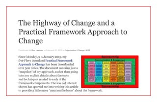 The Highway of Change and a
Practical Framework Approach to
Change
Contributed by Ron Leeman on February 20, 2015 in Organization, Change, & HR
Since Monday, 9 th January 2015, my
free Flevy download Practical Framework
Approach to Change has been downloaded
over 500 times. The document contains just a
“snapshot” of my approach, rather than going
into any explicit details about the tools
and techniques related to each of the
framework components. The level of interest
shown has spurred me into writing this article
to provide a little more “meat on the bone” about the framework.
 