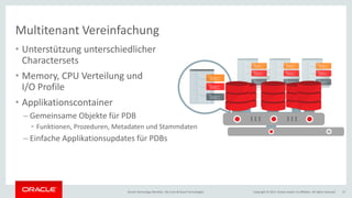 Copyright © 2017, Oracle and/or its affiliates. All rights reserved.Oracle Technology Monthly | BU Core & Cloud Technologies 17
Multitenant Vereinfachung
• Unterstützung unterschiedlicher
Charactersets
• Memory, CPU Verteilung und
I/O Profile
• Applikationscontainer
– Gemeinsame Objekte für PDB
• Funktionen, Prozeduren, Metadaten und Stammdaten
– Einfache Applikationsupdates für PDBs
 