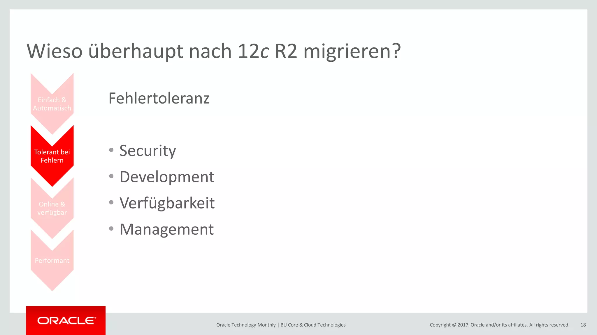 Copyright © 2017, Oracle and/or its affiliates. All rights reserved.Oracle Technology Monthly | BU Core & Cloud Technologies 18 Einfach & Automatisch Tolerant bei Fehlern Online & verfügbar Performant Wieso überhaupt nach 12c R2 migrieren? Fehlertoleranz • Security • Development • Verfügbarkeit • Management 