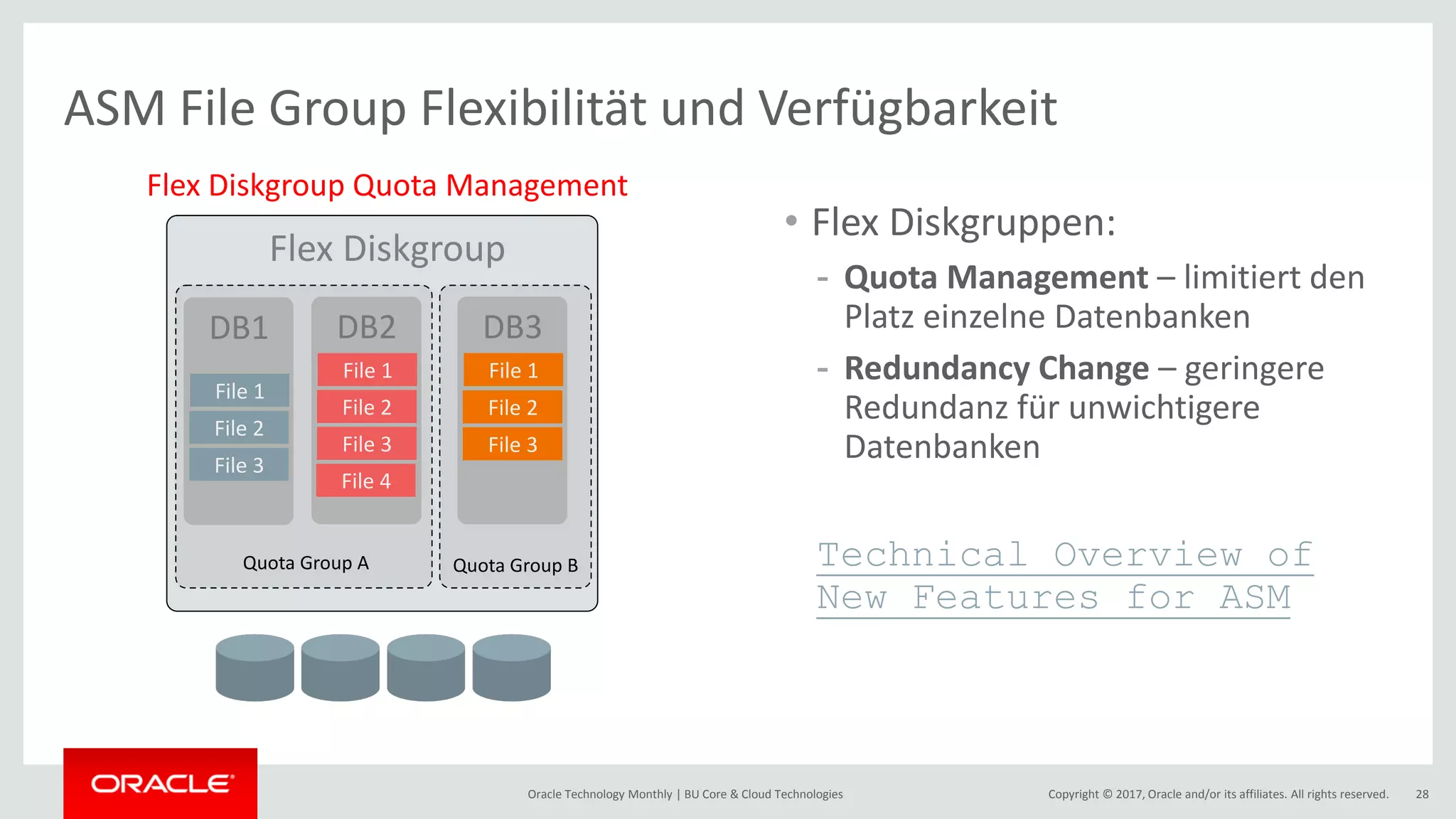 Copyright © 2017, Oracle and/or its affiliates. All rights reserved.Oracle Technology Monthly | BU Core & Cloud Technologies 28 ASM File Group Flexibilität und Verfügbarkeit • Flex Diskgruppen: - Quota Management – limitiert den Platz einzelne Datenbanken - Redundancy Change – geringere Redundanz für unwichtigere Datenbanken Technical Overview of New Features for ASM DB1 File 1 File 2 File 3 DB2 File 1 File 2 File 3 File 4 DB3 File 1 File 2 File 3 Quota Group B Flex Diskgroup Quota Group A Flex Diskgroup Quota Management 