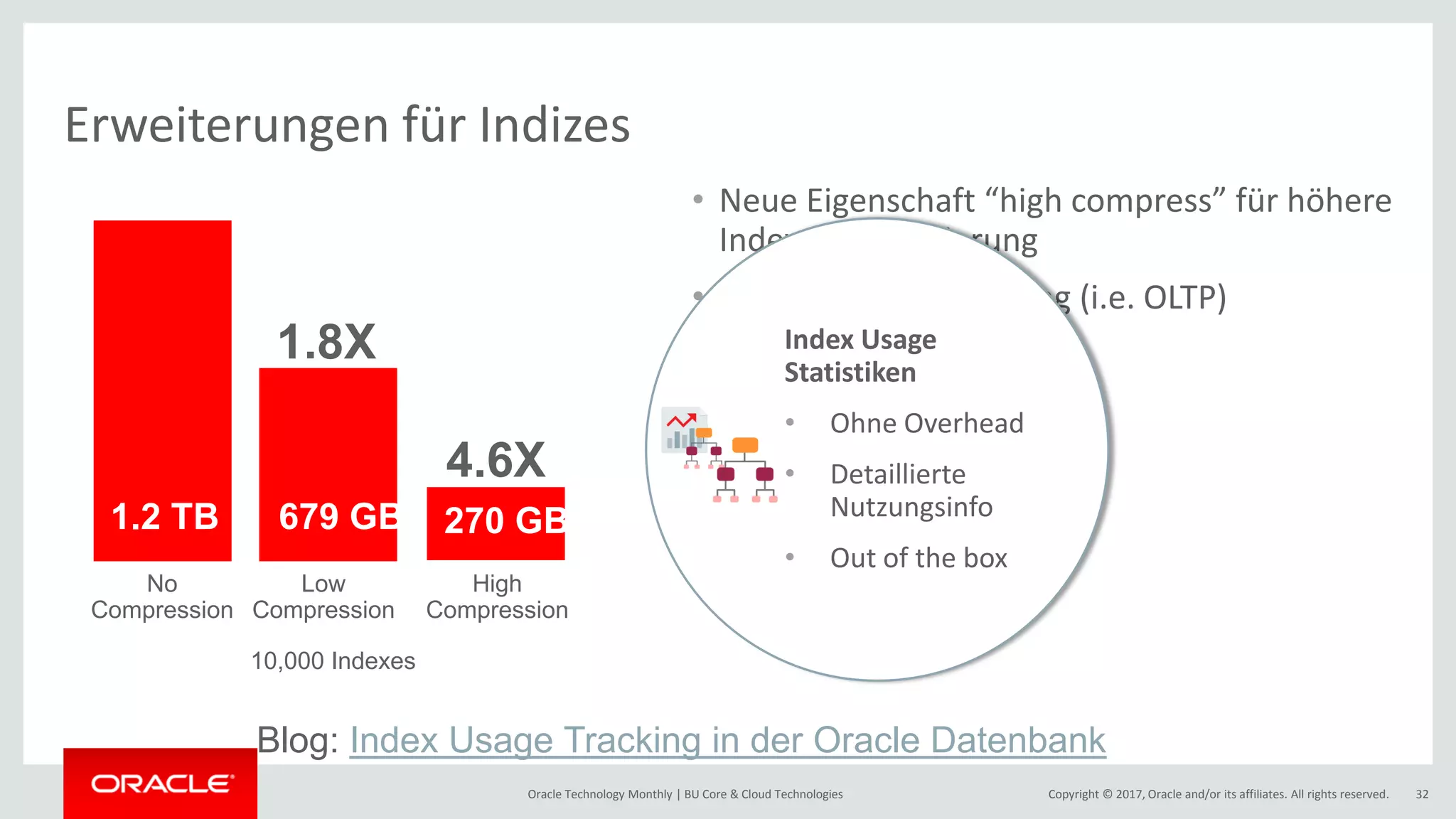 Copyright © 2017, Oracle and/or its affiliates. All rights reserved.Oracle Technology Monthly | BU Core & Cloud Technologies 32 Erweiterungen für Indizes 1.2 TB 679 GB 270 GB No Compression Low Compression High Compression 1.8X 4.6X 10,000 Indexes • Neue Eigenschaft “high compress” für höhere Index Komprimierung • Höhere Platzeinsparung (i.e. OLTP) • Mehr Index CachingIndex Usage Statistiken • Ohne Overhead • Detaillierte Nutzungsinfo • Out of the box Blog: Index Usage Tracking in der Oracle Datenbank 