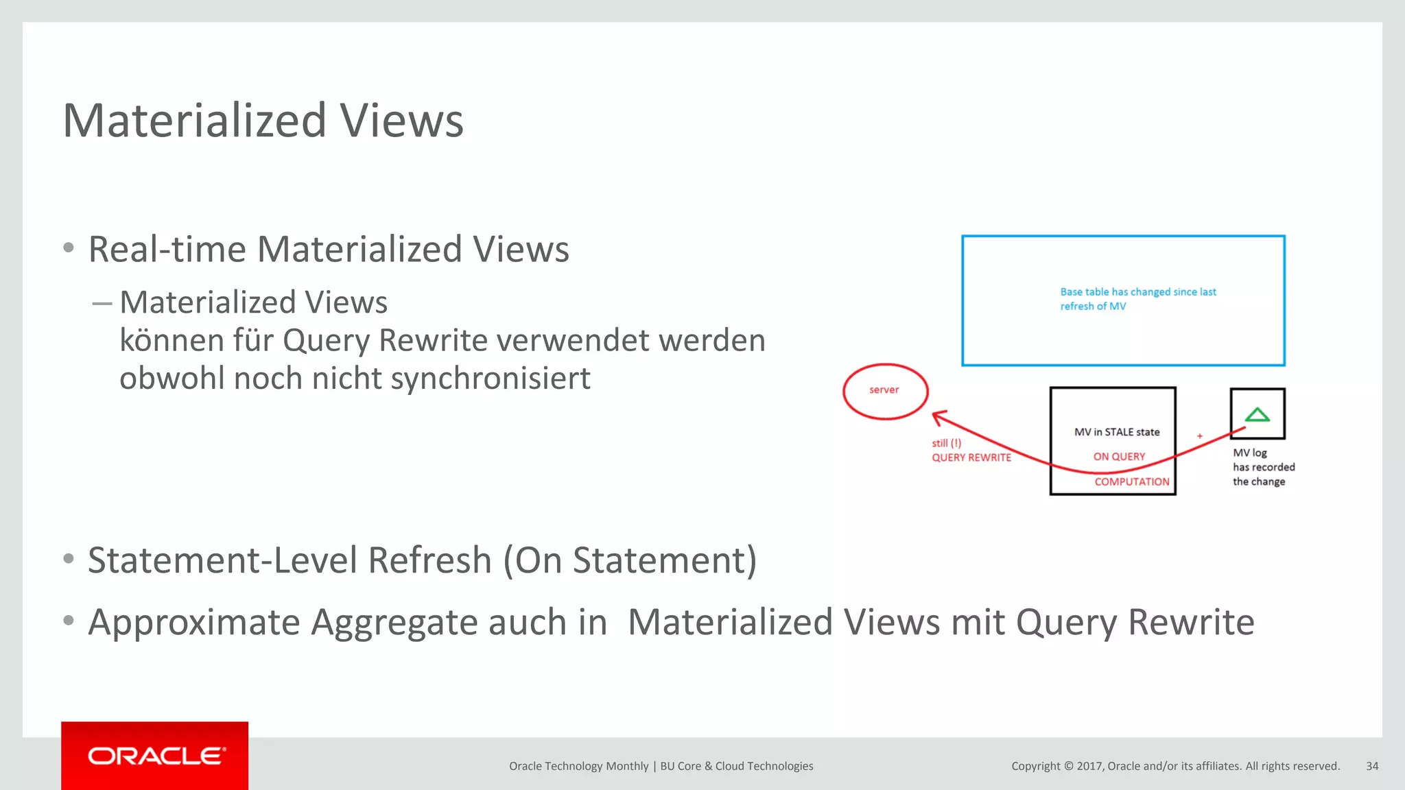 Copyright © 2017, Oracle and/or its affiliates. All rights reserved.Oracle Technology Monthly | BU Core & Cloud Technologies 34 Materialized Views • Real-time Materialized Views – Materialized Views können für Query Rewrite verwendet werden obwohl noch nicht synchronisiert • Statement-Level Refresh (On Statement) • Approximate Aggregate auch in Materialized Views mit Query Rewrite 