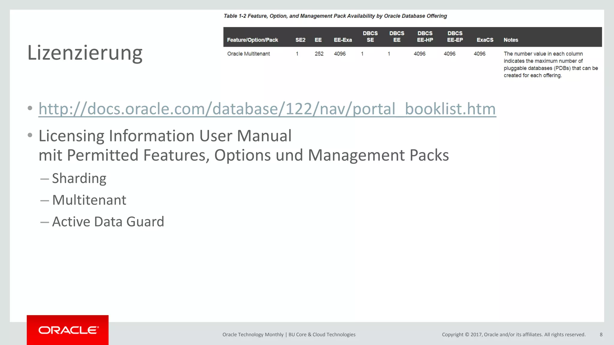 Copyright © 2017, Oracle and/or its affiliates. All rights reserved.Oracle Technology Monthly | BU Core & Cloud Technologies 8 Lizenzierung • http://docs.oracle.com/database/122/nav/portal_booklist.htm • Licensing Information User Manual mit Permitted Features, Options und Management Packs – Sharding – Multitenant – Active Data Guard 
