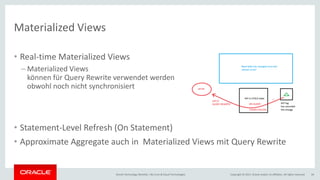 Copyright © 2017, Oracle and/or its affiliates. All rights reserved.Oracle Technology Monthly | BU Core & Cloud Technologies 34
Materialized Views
• Real-time Materialized Views
– Materialized Views
können für Query Rewrite verwendet werden
obwohl noch nicht synchronisiert
• Statement-Level Refresh (On Statement)
• Approximate Aggregate auch in Materialized Views mit Query Rewrite
 