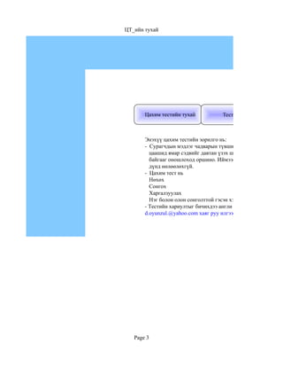 ЦТ_ийн тухай




       Цахим тестийн тухай           Тест 1



       Энэхүү цахим тестийн зорилго нь:
       - Сурагчдын мэдлэг чадварын түвшинг тогтоож
         цаашид ямар сэдвийг давтан үзэх шаардлагатай
         байгааг оношлоход оршино. Иймээс сурагчдын
         дүнд нөлөөлөхгүй.
       - Цахим тест нь
         Нөхөх
         Сонгох
         Харгалзуулах
         Нэг болон олон сонголттой гэсэн хэлбэрүүдтэй болно.
       - Тестийн хариултыг бичихдээ англи хэлийг сонгон бичнэ
       d.oyunzul.@yahoo.com хаяг руу илгээнэ үү




   Page 3
 