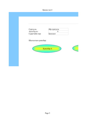 Цахим тест1




Сургууль:              48р сургууль
Анги бүлэг:                      9
Сурагчийн нэр:         Батцэцэг


Шалгалтын хувилбар:



                 Хувилбар A           Хувилбар B




                   Page 5
 