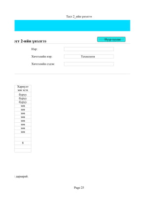 Тест 2_ийн үнэлгээ




                                                               Нүүр хуудас
Цахим тест 2-ийн үнэлгээ
                      Нэр:

                      Хичээлийн нэр:               Технологи

                      Хичээлийн сэдэв:




           Хариулт
           зөв эсэх
            буруу
            буруу
            буруу
             зөв
             зөв
             зөв
             зөв
             зөв
             зөв
             зөв
             зөв


              8




ад CTRL+S дараарай.


                                              Page 25
 
