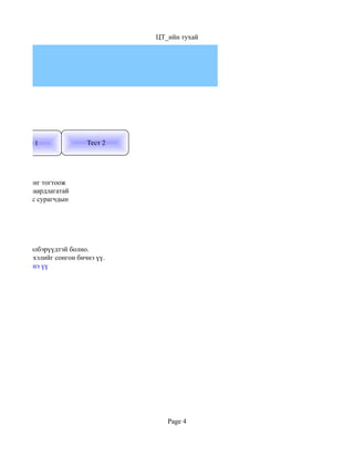 ЦТ_ийн тухай




       Тест 1                Тест 2




арын түвшинг тогтоож
втан үзэх шаардлагатай
ино. Иймээс сурагчдын




той гэсэн хэлбэрүүдтэй болно.
 хдээ англи хэлийг сонгон бичнэ үү.
яг руу илгээнэ үү




                                         Page 4
 