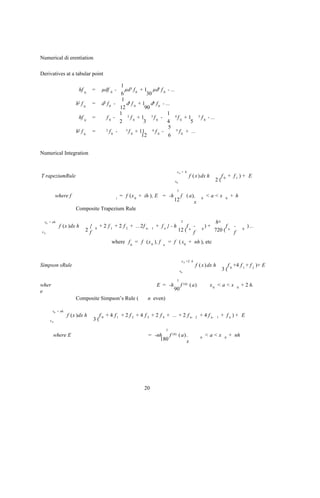 Numerical di erentiation

Derivatives at a tabular point

                                               1 3
                      hf 0     =     µdf 0 -     µd f 0 + 1 µd5 f 0 - ...
                                               6            30
                                               1 4
                     h2 f 0    =     d2 f 0 -     d f 0 + 1 d6 f 0 - ...
                                              12           90
                                              1 2                      1 4
                      hf 0     =        f0 -        f0 + 1 3f0 -           f0 + 1                       5   f 0 - ...
                                              2           3            4          5
                                                                       5 5
                     h2 f 0    =       2 f -
                                           0
                                                 3 f + 11
                                                    0
                                                               4 f
                                                                   0
                                                                     -      f 0 + ...
                                                         12            6


Numerical Integration


                                                                                    x0 + h
T rapeziumRule                                                                                f ( x ) dx h                   f0 + f1 ) + E
                                                                                   x0                                   2(
                                                                                    3
          where f                            i
                                                 = f (x 0 + ih ), E = -h                 f ( a),            0
                                                                                                                <a<x          0
                                                                                                                                   + h
                                                                                  12           x
                     Composite Trapezium Rule

  x0 + nh                                                                                2                           h4
            f (x )dx h     {   0
                                    + 2 f 1 + 2 f 2 + ...2f n-   1
                                                                     + fn } - h             f -               )+         f -                   ) ...
x0                        2f                                                            12 ( n f            0       720 ( n f              0



                                          where f 0 = f (x 0 ), f       n
                                                                                = f ( x0 + nh ), etc


                                                                                         x 0 +2 h
Simpson sRule                                                                                       f ( x) dx h                   f 0 +4 f 1 + f 2 )+ E
                                                                                        x0                                   3(

                                                                                    5
wher                                                                 E = -h              f (4) ( a)              x0 < a < x            0
                                                                                                                                           + 2 h.
e                                                                                 90
                     Composite Simpson’s Rule (              n even)

       x0 + nh
                 f (x )dx h         f 0 + 4 f 1 + 2 f 2 + 4 f 3 + 2 f 4 + ... + 2 f n-              2   + 4 f n-        1   + fn ) + E
     x0                        3(
                                                                            5
       where E                                                = -nh f (4) ( a) .                            0
                                                                                                                <a<x          0
                                                                                                                                  + nh
                                                                  180          x




                                                            20
 