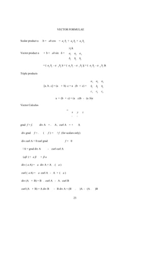 VECTOR FORMULAE



Scalar product a       .b = ab cos          = a1 b1 + a2 b2 + a3 b3

                                                       ijk
Vector product a        × b = ab sin n =
                                     ˆ                 a1       a2       a3
                                                       b1       b2       b3

                        = ( a2 b3 - a   3 2
                                            b )i + ( a3 b1 - a 1 b3 )j + ( a1 b2 - a        2
                                                                                                b1 )k

Triple products

                                                                                  a1   a2       a3
                        [a , b , c] = (a × b) .c = a .(b × c) =                   b1   b2       b3
                                                                                  c1   c2       c3

                                    a × (b × c) = (a .c)b - (a .b)c

Vector Calculus
                                                   =
                                                            x        y        z
                                                            ,        ,


grad f = f,         div A = .      A , curl A = ×                    A

div grad      f=.       (   f)=         2   f (for scalars only)

div curl A = 0 curl grad                          f= 0

  2   A = grad div A        -   curl curl A

  (aß ) = a ß       + ßa

div ( a A) = a div A + A . ( a )

curl ( a A) = a curl A - A × ( a )

div (A × B) = B . curl A - A . curl B

curl (A × B) = A div B            - B div A + (B                 .       )A - (A .     )B


                                                                23
 