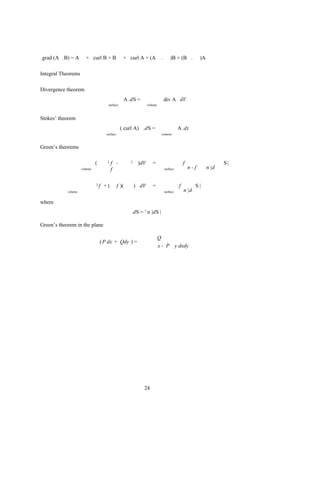 grad (A .B) = A        × curl B + B              × curl A + (A             .       )B + (B .           )A

Integral Theorems

Divergence theorem
                                                 A .dS =                       div A dV
                                     surface                     volume



Stokes’ theorem
                                               ( curl A) .dS =                           A .dr
                                    surface                                contour



Green’s theorems

                              (      2   f -         2     )dV      =                        f                     S|
                     volume              f                                     surface           n-f        n |d


                              2   f +(        f )(       ) dV       =                    f          S|
            volume                                                             surface       n |d

where
                                                         dS = ˆ n |dS |

Green’s theorem in the plane

                                                                          Q
                                  ( P dx + Qdy ) =
                                                                          x - P y dxdy




                                                              24
 