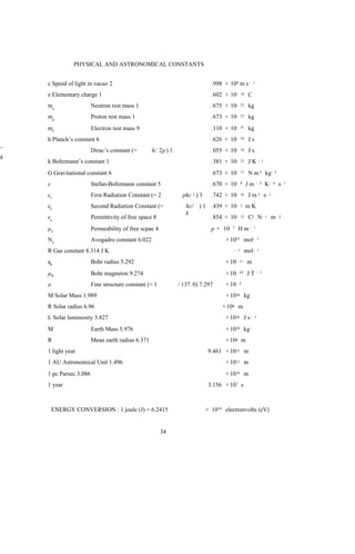 PHYSICAL AND ASTRONOMICAL CONSTANTS


    c Speed of light in vacuo 2                                               .998 × 108 m s -             1


    e Elementary charge 1                                                     .602 × 10-          19   C
    mn                  Neutron rest mass 1                                   .675 × 10-          27   kg
    mp                  Proton rest mass 1                                    .673 × 10-          27   kg
    me                  Electron rest mass 9                                  .110 × 10-          31   kg
    h Planck’s constant 6                                                     .626 × 10-          34   Js
¯                       Dirac’s constant (=       h/ 2p ) 1                   .055 × 10-          34   Js
h
    k Boltzmann’s constant 1                                                  .381 × 10-          23   JK-          1


    G Gravitational constant 6                                                .673 × 10-          11   N m 2 kg-                2


    s                   Stefan-Boltzmann constant 5                           .670 × 10-          8    Jm      - 2      K-      4   s-   1


    c1                  First Radiation Constant (= 2           phc 2 ) 3     .742 × 10-          16   J m 2 s-             1


    c2                  Second Radiation Constant (=             hc/ ) 1 .439 × 10-               2    mK
                                                                 k
    eo                  Permittivity of free space 8                     .854 × 10-               12   C2 N-            1    m-     2


    µo                  Permeability of free scpae 4                          p × 10-   7    H m-          1


    NA                  Avogadro constant 6.022                                    × 1023 mol-                  1


    R Gas constant 8.314 J K                                                                - 1       mol -     1


    a0                  Bohr radius 5.292                                          × 10-      11       m
    µB                  Bohr magneton 9.274                                        × 10-      24       JT       - 1


    a                   Fine structure constant (= 1          / 137. 0) 7.297      × 10-      3


    M Solar Mass 1.989                                                             × 1030 kg
    R Solar radius 6.96                                                           × 108 m
    L Solar luminosity 3.827                                                       × 1026 J s -             1


    M                   Earth Mass 5.976                                           × 1024 kg
    R                   Mean earth radius 6.371                                    × 106 m
    1 light year                                                             9.461 × 1015 m
    1 AU Astronomical Unit 1.496                                                   × 1011 m
    1 pc Parsec 3.086                                                              × 1016 m
    1 year                                                                   3.156 × 107 s



        ENERGY CONVERSION : 1 joule (J) = 6.2415                            × 1018 electronvolts (eV)


                                                       34
 