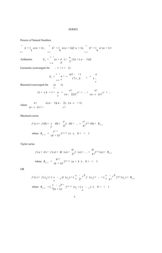 SERIES


Powers of Natural Numbers
 n                             n                                                         n
       k = 1 n ( n + 1) ;             k = 1 n ( n + 1)(2 n + 1);
                                          2                                                  k3 = 1 n 2 (n + 1) 2
            2                              6                                                       4
k =1                          k =1                                                   k =1

                                   n- 1               n
Arithmetic              Sn =               (a + k ) =   { 2a + ( n - 1)d}
                                                d     2
                                   k =0


Geometric (convergent for                     - 1 < r < 1)

                                                n- 1               a(1 - n )                              a
                                Sn =                   a    k    =                               =
                                                       r             1rr,S
                                                                       -                 8
                                                                                                      1-
                                                k =0
                                                                                                       r
Binomial (convergent for                  |x|          1)
                                          <
                                             n!                       n!
                    (1 + x )n = 1 + n +             x 2 + ... +              x r + ...
                                    x   ( n - 2)!2!             ( n - r )!r!


               n!           n ( n - 1)( n - 2)... ( n - r                    + 1)
where
           (n - r )!r ! =                                   r!


Maclaurin series

                                                           x2                       xk
             f (x ) = f (0) + x               (0) +              f (0) + ... +           f ( k ) (0) + R k +1
                              f                             2!                      k!

                                  x k +1
             where R k +1    =           f ( k +1) ( x ) , 0 < <                             1
                               ( k + 1)!


Taylor series

                                                                     h2                              hk
                 f ( a + h ) = f ( a) + hf ( a) +                          f ( a) + ... +                 f ( k ) (a ) + R k +1
                                                                      2!                             k!
                                         h k +1
                where R k +1         =          f ( k +1) (a + h ) , 0 < <                                 1.
                                       (k + 1)!

OR

                                                        x - 0 )2                    x - 0 )k ( k )
             f (x ) = f ( x0 ) + ( x - 0 ) f (x 0 ) + ( x        f (x 0 ) + ... + ( x       f (x 0 ) + R k +1
                                   x                      2!                          k!

                              x - 0 ) k +1 ( k +1)
             where R k +1 = ( x            f       (x 0 + ( x -                              0
                                                                                                 ) ), 0 < <               1
                               ( k + 1)!                    x

                                                                       7
 