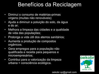 Benefícios da Reciclagem Diminui o consumo de matérias-primas virgens (muitas não renováveis); Ajuda a diminuir a poluição do solo, da água e do ar; Melhora a limpeza das cidades e a qualidade de vida das populações; Prolonga a vida útil dos aterros sanitários; Aumenta a produção de compostos orgânicos; Gera empregos para a população não qualificada e receita para pequenos e microempresários; Contribui para a valorização da limpeza urbana = consciência ecológica. [email_address] 