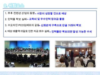 9. 위험요소
1. 추후 컨벤션 산업의 동향→ 시장이 성장할 것으로 예상

2. 인력풀 확보 실패→ 교육비 및 우수인력 장려금 활용

3. 수요자인 PCO업체와의 갈등 신뢰관계 구축으로 단골 거래처 확보
                  →

4. 예상 매출액 미달로 인한 자금 회수 실패→ 인력풀만 확보되면 달성 가능한 수치
 