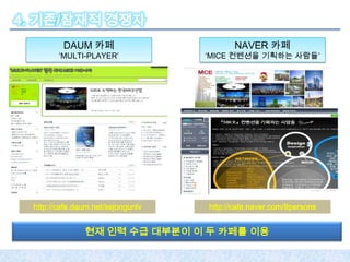 4. 기존/잠재적 경쟁자
         DAUM 카페                          NAVER 카페
        ‘MULTI-PLAYER’             ‘MICE 컨벤션을 기획하는 사람들’




 http://cafe.daum.net/sejongunlv   http://cafe.naver.com/8persons


               현재 인력 수급 대부분이 이 두 카페를 이용
 