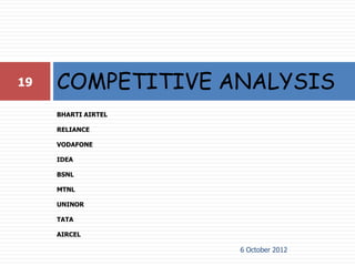 19   COMPETITIVE ANALYSIS
     BHARTI AIRTEL

     RELIANCE

     VODAFONE

     IDEA

     BSNL

     MTNL

     UNINOR

     TATA

     AIRCEL

                     6 October 2012
 