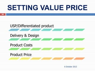 SETTING VALUE PRICE
64




     USP/Differentiated product

     Delivery & Design

     Product Costs

     Product Price


                                  6 October 2012
 