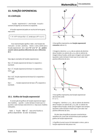Pré-vestibulinho
                                                                           Matemática

13. FUNÇÃO EXPONENCIAL
13.1.Definição


      Função exponencial é uma função na qual a
variável (incógnita) se encontra no expoente.

   A função exponencial pode ser escrita de forma geral,
veja como:

                               x
    f : R → R*+ tal que f(x) = a , sendo que a R*+ e a ≠ 1.



      Essa representação significa: dada uma função dos       • Esse gráfico representa uma função exponencial
reais para os reais positivos, menos o zero, sendo que a      crescente onde a > 1.
função exponencial terá base “a” onde “a” só poderá
assumir valores positivos diferentes de zero e diferentes
de 1.                                                         • Imagem e domínio: x1 e x2 são os valores do domínio
                                                              dessa função e os valores de y1 e y2 são os valores da
                                                              imagem dessa função, sendo que a imagem será sempre
                                                              (quando o valor da base é maior que 1) um valor real
Veja alguns exemplos de funções exponenciais:                 positivo diferente de zero.
       x
f(x) = 3 , função exponencial de base 3 e expoente x
(variável).
       y
f(y) = 3 , função exponencial de base 3 e expoente y
(variável).
      5
           x
f(x) = 0,5 , função exponencial de base 0,5 e expoente x
(variável).

f(x) =      , função exponencial de base 5 e expoente x
(variável).




                                                              • Esse gráfico representa uma função exponencial
13.1. Gráfico de função exponencial                           decrescente onde
                                                              0 < a < 1.
   A construção de gráficos de função exponencial segue
dois modelos, quando o valor da base é maior que 1 e          • Imagem e domínio: x1 e x2 são os valores do domínio
quando o valor da base está entre 0 e 1. Veja esses modelos   dessa função e os valores de y1 e y2 são os valores da
esboçados:                                                    imagem dessa função, sendo que a imagem será sempre
                                                              (quando o valor da base é maior que 1) um valor real
                              x
  Dada a função f(x) = a , veja como ficarão os               positivo diferente de zero.
gráficos dependendo do valor de a (base).
                                                                 Os dois tipos de gráficos possuem características
                                                              semelhan-tes, essas são características para qualquer
                                                              gráfico de função exponencial.

                                                              • O gráfico (curva) nunca irá interceptar o eixo x, pois a
                                                              função exponencial não possui raiz.



Resumo teórico                                                                                  35
 