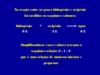 Na reação entre os gases hidrogênio e oxigênio
      foi medidos os seguintes volumes:


 hidrogênio     +     oxigênio            água
     6L                 3L                 6L



    Simplificando-se esses valores teremos a
          seguintes relação 2 : 1 : 2
    que é uma relação de números inteiros e
                    pequenos
 