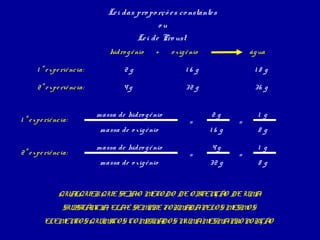 Le i das pro po rçõ e s co nstante s
                                               ou
                                        Le i de Pro ust
                                hidro g ê nio   +    o xig ê nio              ág ua

      1 ª e xpe riê ncia:            2g                   16 g                 18 g

      2ª e xpe riê ncia:             4g                   32 g                 36 g


                            massa de hidro g ê nio                 2g           1 g
1 ª e xpe riê ncia:                                         =             =
                             massa de o xig ê nio                  16 g         8 g

                            massa de hidro g ê nio                 4g           1 g
2ª e xpe riê ncia:                                          =             =
                             massa de o xig ê nio                  32 g         8 g


               QUALQUER QUE SEJAO MÉTO DO DE O BTEN O DE UM
                                                   ÇÃ      A
                SUB N A ELAÉ SEM
                   STÂ CI ,     PRE FO RM DAPELO S M
                                         A          ESM S
                                                       O
         ELEM TO S QUÍ I S CO M I A S N AM
             EN       M CO     B N DO  UM ESM PRO PO RÇÃ
                                             A          O
 