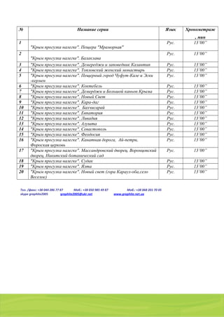 01103, Украина, г. Киев, a/я 54
тел./факс: (044) 2 8 6 7 7 8 7 , 8 ( 0 5 0 ) 9 8 5 4 9 8 7 , 8 ( 0 6 8 ) 2 0 1 7 0 0 5
№ Название серии Язык Хронометраж
, мин
1
"Крым прогулка налегке". Пещера "Мраморная"
Рус. 13’00”
2
"Крым прогулка налегке". Балаклава
Рус. 13’00”
3 "Крым прогулка налегке". Демереджи и заповедник Казантип Рус. 13’00”
4 "Крым прогулка налегке". Топловский женский монастырь Рус. 13’00”
5 "Крым прогулка налегке". Пещерный город Чуфут-Кале и Эски
-кермен
Рус. 13’00”
6 "Крым прогулка налегке". Коктебель Рус. 13’00”
7 "Крым прогулка налегке". Демерджи и Большой каньон Крыма Рус. 13’00”
8 "Крым прогулка налегке". Новый Свет Рус. 13’00”
9 "Крым прогулка налегке". Кара-даг Рус. 13’00”
10 "Крым прогулка налегке". Бахчисарай Рус. 13’00”
11 "Крым прогулка налегке". Евпатория Рус. 13’00”
12 "Крым прогулка налегке". Ливадия Рус. 13’00”
13 "Крым прогулка налегке". Алушта Рус. 13’00”
14 "Крым прогулка налегке". Севастополь Рус. 13’00”
15 "Крым прогулка налегке". Феодосия Рус. 13’00”
16 "Крым прогулка налегке". Канатная дорога, Ай-петри,
Фороская церковь
Рус. 13’00”
17 "Крым прогулка налегке". Массандровский дворец, Воронцовский
дворец, Никитский ботанический сад
Рус. 13’00”
18 "Крым прогулка налегке". Судак Рус. 13’00”
19 "Крым прогулка налегке". Ялта Рус. 13’00”
20 "Крым прогулка налегке". Новый свет (гора Караул-оба,село
Веселое)
Рус. 13’00”
Тел. /факс: +38 044 286 77 87 Моб.: +38 050 985 49 87 Моб.: +38 068 201 70 05
skype graphite2005 graphite2005@ukr.net www.graphite.net.ua
 
