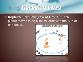 • Kepler’s First Law (Law of Orbits): Each
planet moves in an elliptical orbit with the Sun at
one focus.
KEPLER’S LAWS
 